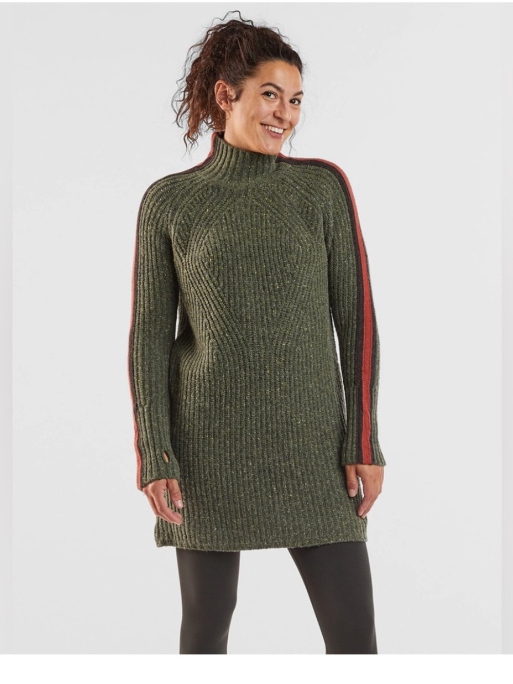 Krimson Klover Olive Green Ribbed Turtleneck Sweater Dress with Rust Stripe